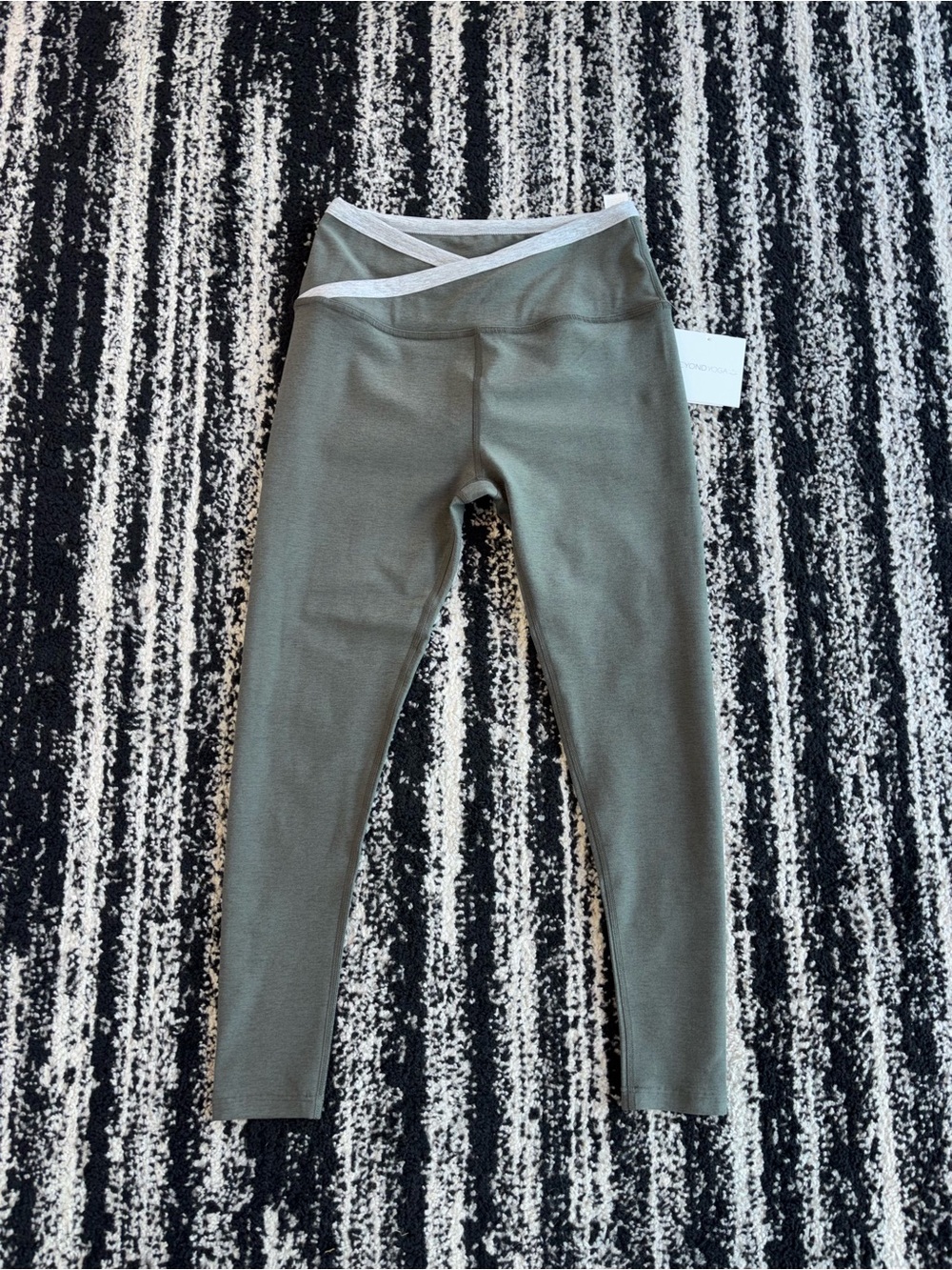 Beyond Yoga Olive Green Leggings with Light Gray Crossover Waistband